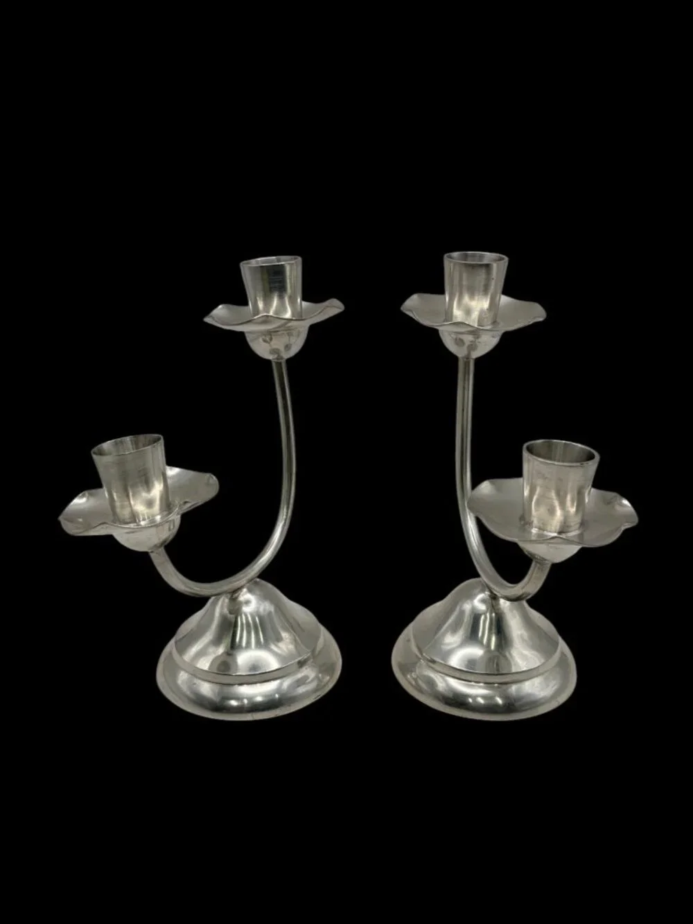 Vintage Banka Tin Indonesia Pewter 2-Arm Candelabra Candle Holders Pair MCM